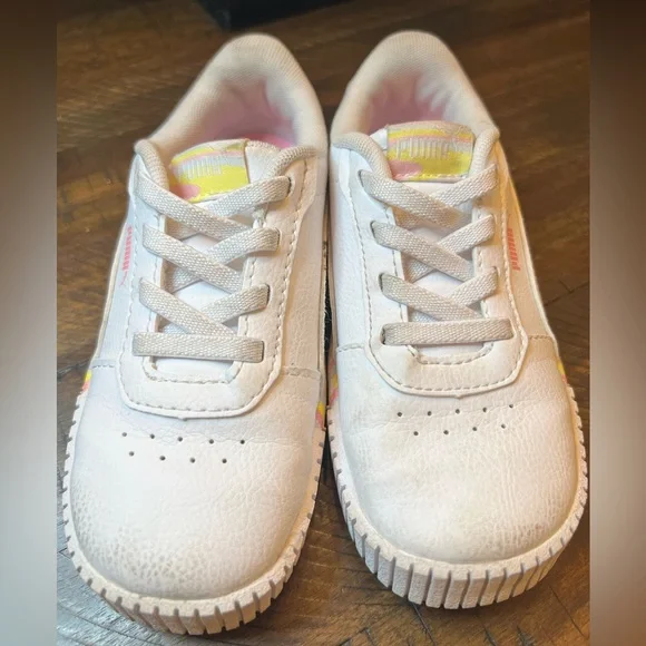 Puma Kids White Sneakers with Pink and Yellow Accents - Picture 2 of 6